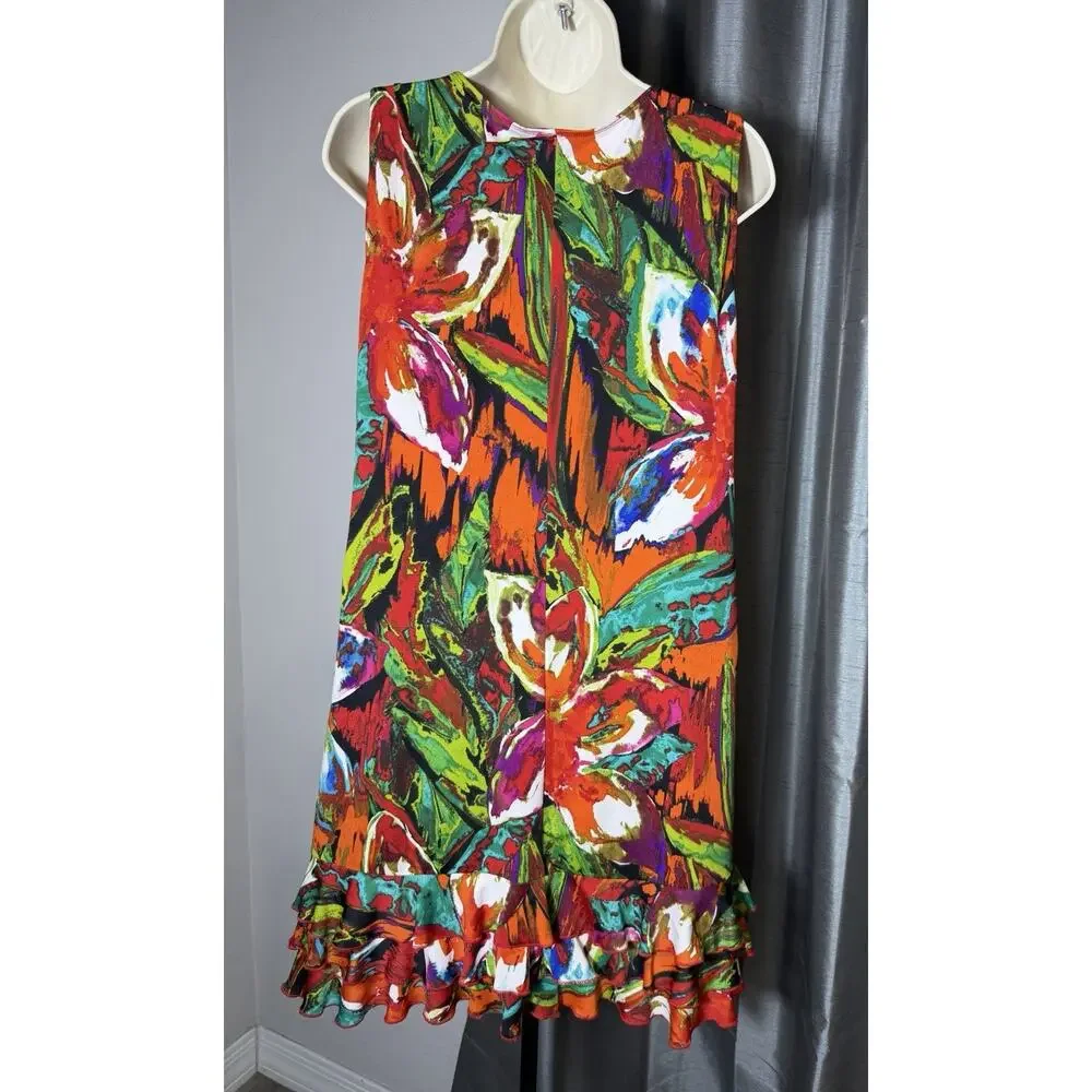 R&K Originals Women's Halter Mini Dress Medium Ruffle Hem Botanical Bold Print‎